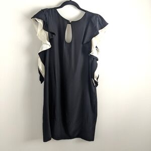 SILK Flutter Sleeve Low Back Black Midi Dress Keyhole S